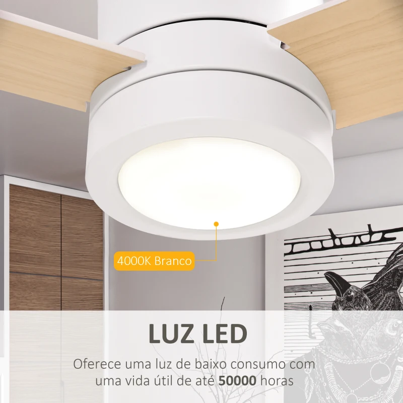 HOMCOM Ventoinha de Teto 48W com Luz LED Controle Remoto 3 Velocidades Temporizador 3 Lâminas de Madeira Ø112x25cm Branco