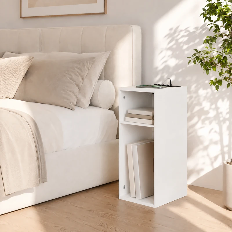 HOMCOM Conjunto de 2 Mesas de Apoio com Estação de Carregamento, 2 Tomadas, 2 Portas USB e 2 Espaços Abertos, Branco