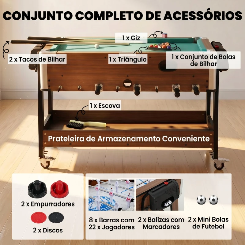 SPORTNOW Mesa Multijogos 3 em 1 com Rodas com Travão Prateleira de Arrumação Matraquilhos para Crianças Bilhar Air Hockey Nogueira