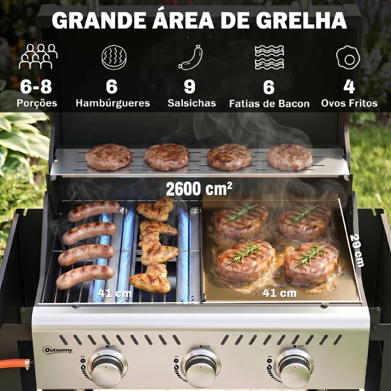 Outsunny Barbecue a Gás Portátil com 3 Queimadores 7,5 kW Termómetro Mesas Laterais Dobráveis Armário Grelha Aquecedora Chapa 125x57x110 cm Preto