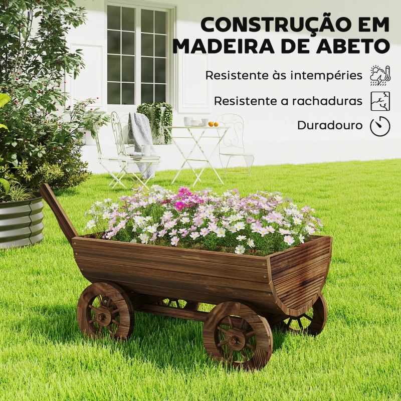 Outsunny Carrinho de Madeira com 4 Rodas e Pega Floreiro Exterior com Furo de Drenagem 115x40x54,5 cm Carbonizado