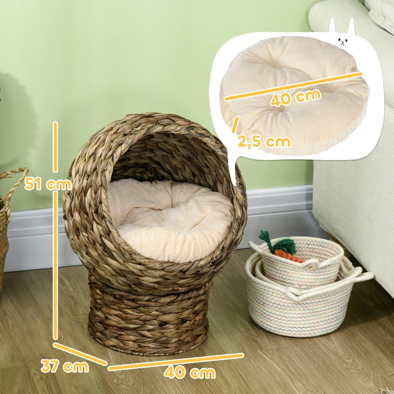 PawHut Rattan Katzenkorb Katzenhöhle Katzenhütte Katzenbett mit Kissen Haustierbett Wasserhyazinthe Kaffee 40 x 37 x 51 cm