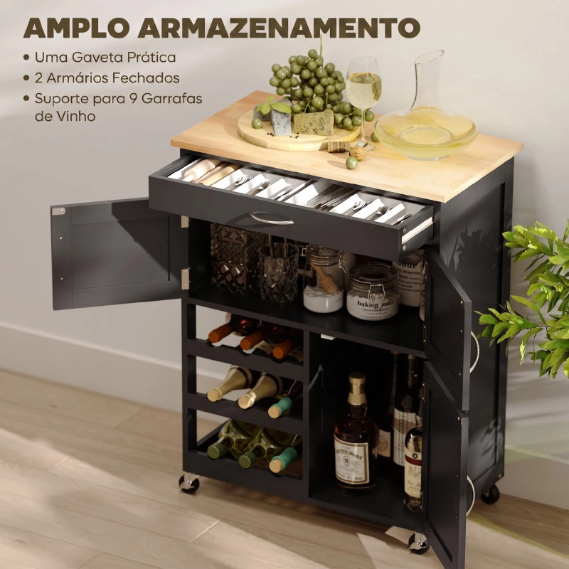 HOMCOM Carrinho de Cozinha com Rodas 2 Armários de Arrumação Gaveta e 3 Prateleiras Abertas para 9 Garrafas 67x37x87 cm Preto
