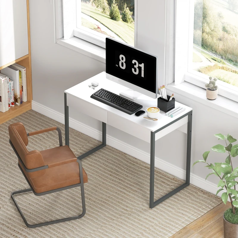 HOMCOM Secretária com 2 Gavetas 100x50 cm Mesa de Computador Pernas de Aço para Casa Escritório Espaços Pequenos Branco Brilhante