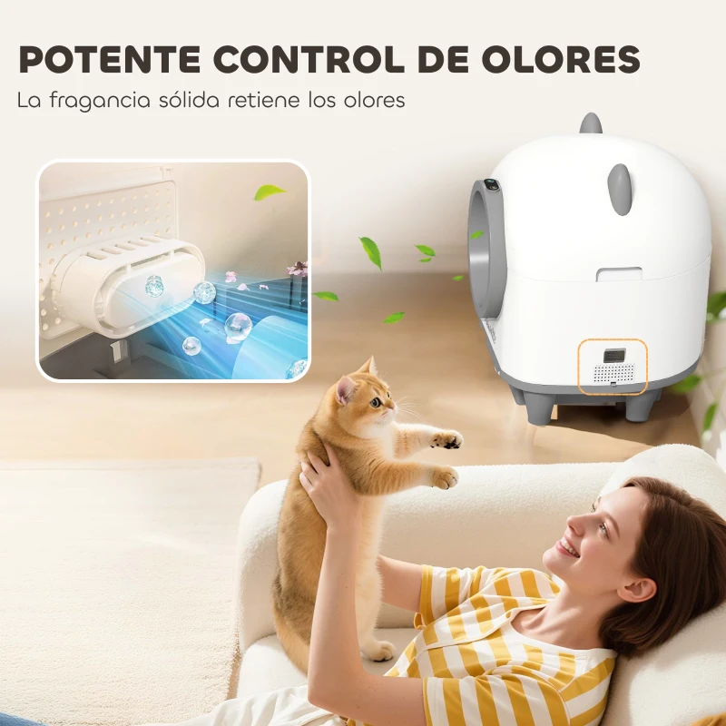 PawHut Arenero Gatos Autolimpiable 80L Eliminación de Olores Control de APP Protección de Seguridad 1 Rollo de Bolsas de Basura