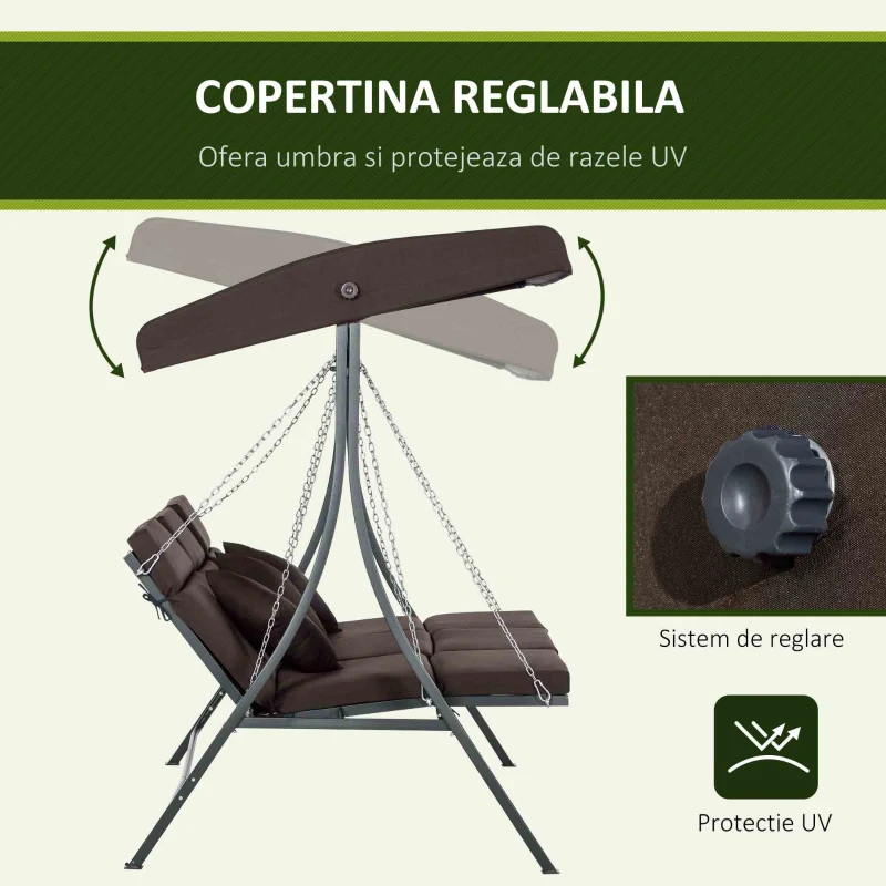 Outsunny Leagăn de grădină cu 3 locuri, perne, locuri tip chaise longue și acoperiș, 198x118x168 cm, maro(m-4)