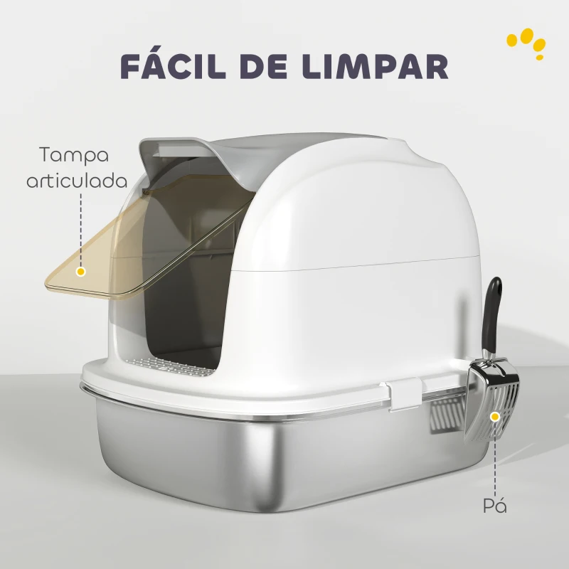 PawHut Caixa de Areia para Gatos em Aço Inoxidável XL com Tampa Abatível Laterais Altas Entrada Superior e Pá 52,4x41,3x42 cm Branco