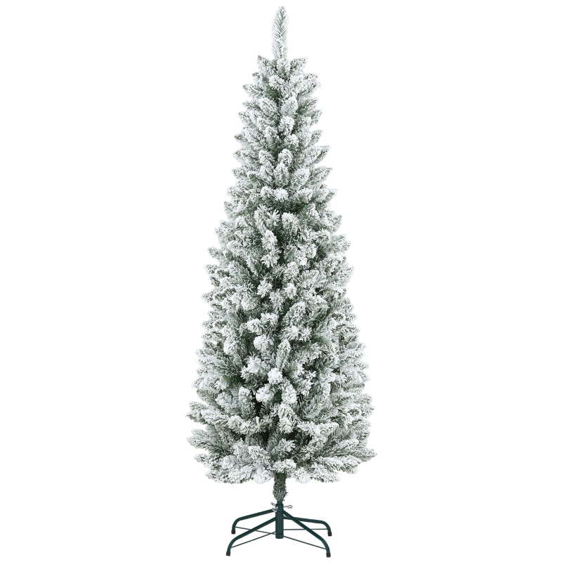 HOMCOM Künstlicher Weihnachtsbaum, schlanke Form, Kunstschnee, dreiteilig, flammhemmend, Metallfuß, 180 cm, Grün