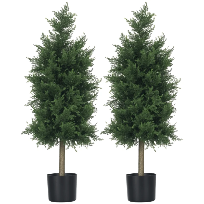 HOMCOM Set 2 Plante Artificiale de Cedru din PE cu Ghiveci din Plastic PP, din Oțel și Ciment, 38x12,5x90 cm, Verde