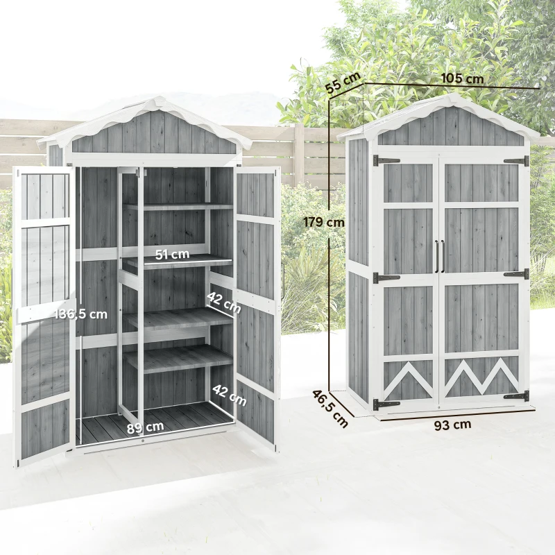 Outsunny Armário de Jardim de Madeira 105x55x179 cm Abrigo de Exterior com Portas 4 Prateleiras Extraíveis Teto Metal Galvanizado Cinza