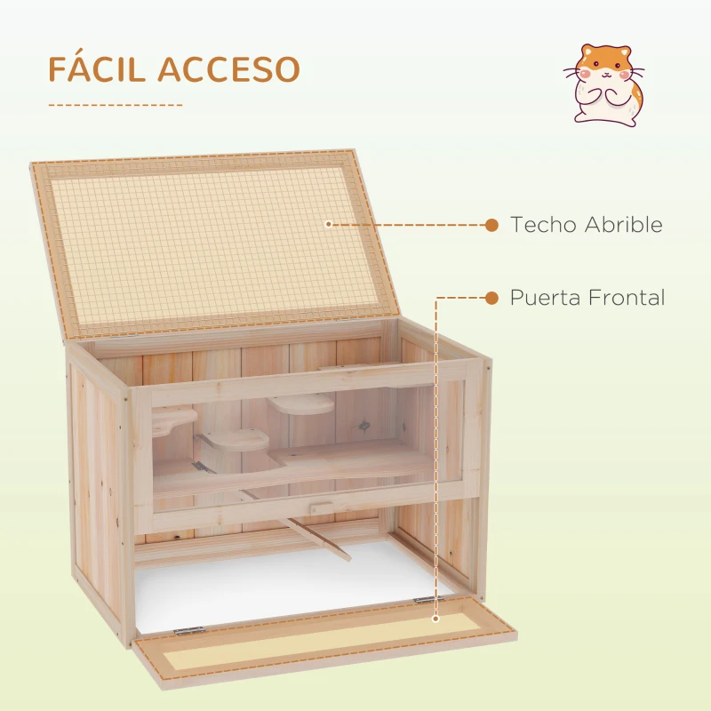 PawHut Jaula para Hámster de Madera de 2 Niveles Casa para Animales Pequeños con Plataformas Escaleras 60x35x42 cm Madera Natural