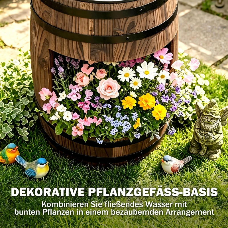 Outsunny Gartenbrunnen Zierbrunnen Springbrunnen Fassbrunnen Wasserfall Holzfass mit Pflanzgefäß Tannenholz Dunkelbraun Ø27 x 59 cm