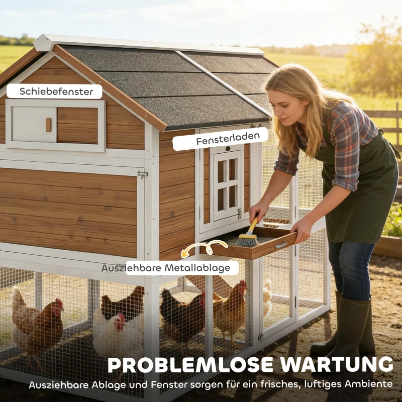 PawHut Hühnerstall Hühnerhaus mit Auslauf Nistkasten herausziehbarem Tablett Asphaltdach für 4 Hühner 200x104x145cm Holz Braun