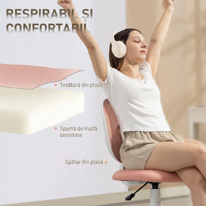 HOMCOM Scaun de Birou Ergonomic Rotativ din Material Tip Plasă Respirabil Fără Brațe, Înălțime Reglabilă, Roz