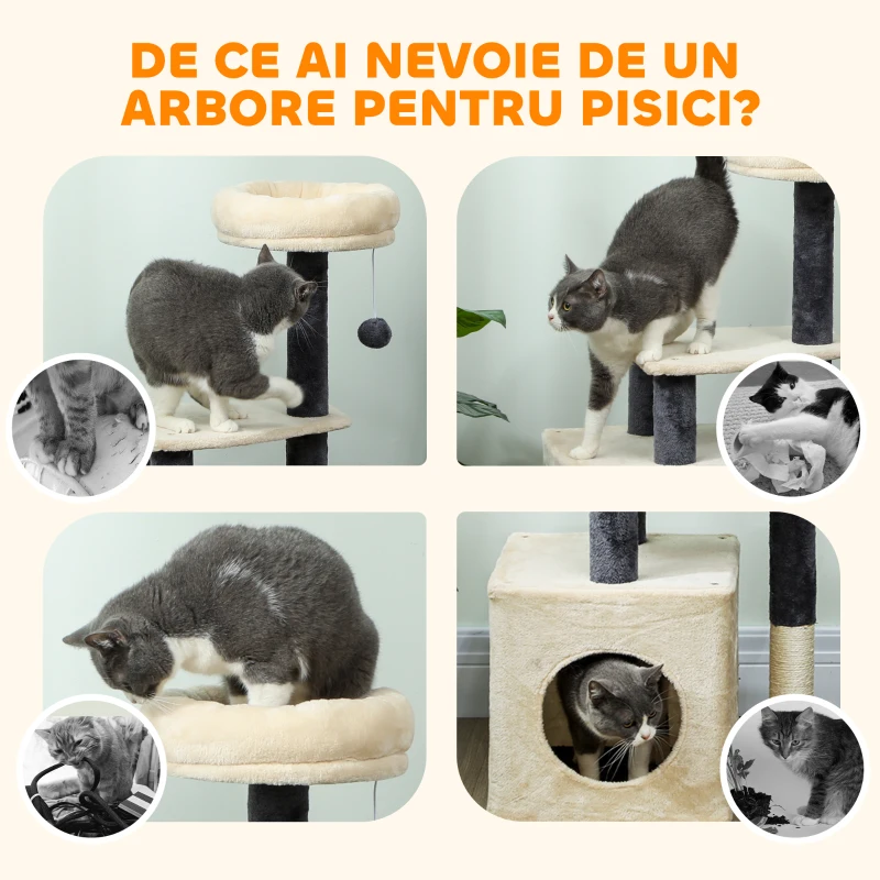 PawHut Arbore pentru Pisici, Înălțime 92 cm, cu Căsuță, Pat, Stâlpi din Sisal și Minge, Alb Crem