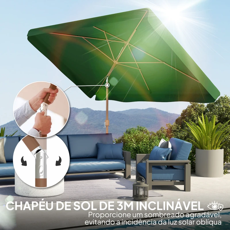 Outsunny Guarda-Sol de Terraço Exterior 300x200x245 cm com Ângulo Ajustável, Mastro de Alumínio, Manivela e Proteção UV 50+ Verde