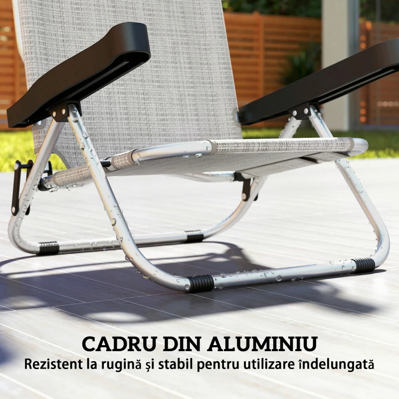 Outsunny Set 2 Șezlonguri Pliabile și Reclinabile cu Tetieră, Cadru Aluminiu și Textilenă, 62x61x80 cm, Gri