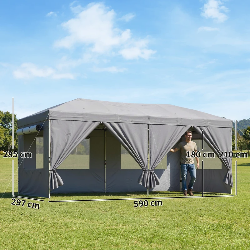 Outsunny Foișor Pliabil 3x6m Pop-Up cu 6 Pereți Laterali, Foișor de Grădină Reglabil pe Înălțime cu Saci de Nisip, Geantă cu Roți, UV50+ pentru Exterior, Gri Închis