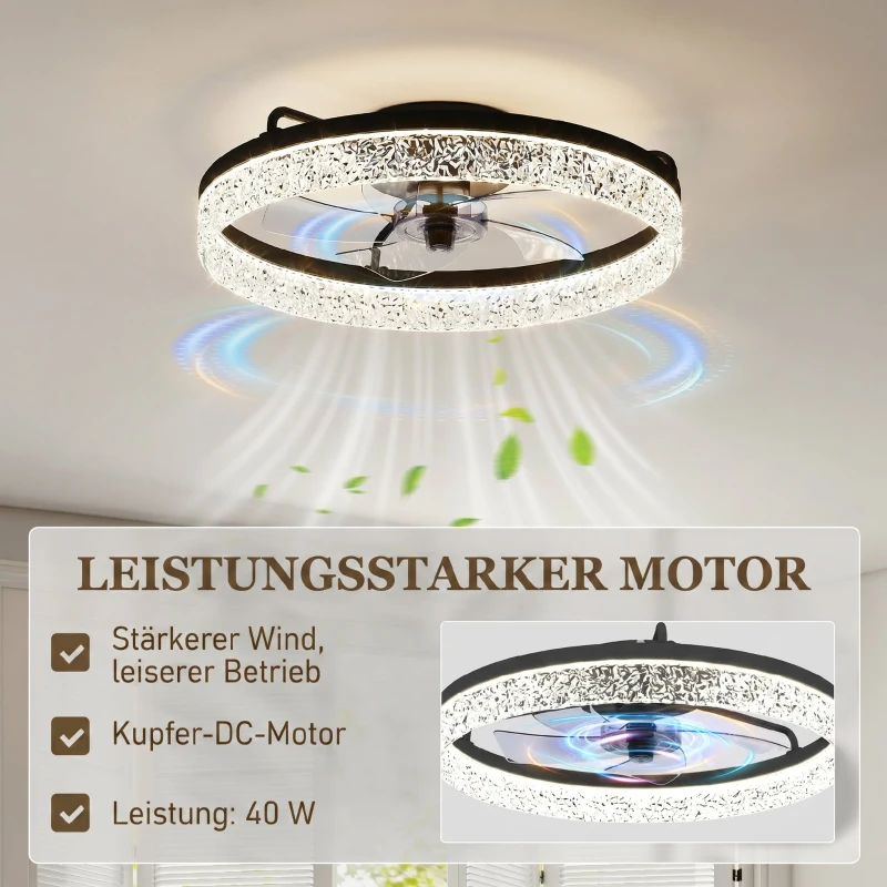 HOMCOM Deckenventilator mit Licht, dimmbarer LED-Deckenventilator mit Fernbedienung für Schlafzimmer und Wohnzimmer, Schwarz