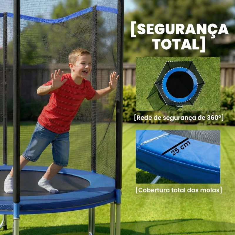 SPORTNOW Cama Elástica Exterior Ø183 cm Trampolim para Crianças com Rede de Segurança Escada e Acolchoamento de Molas Azul