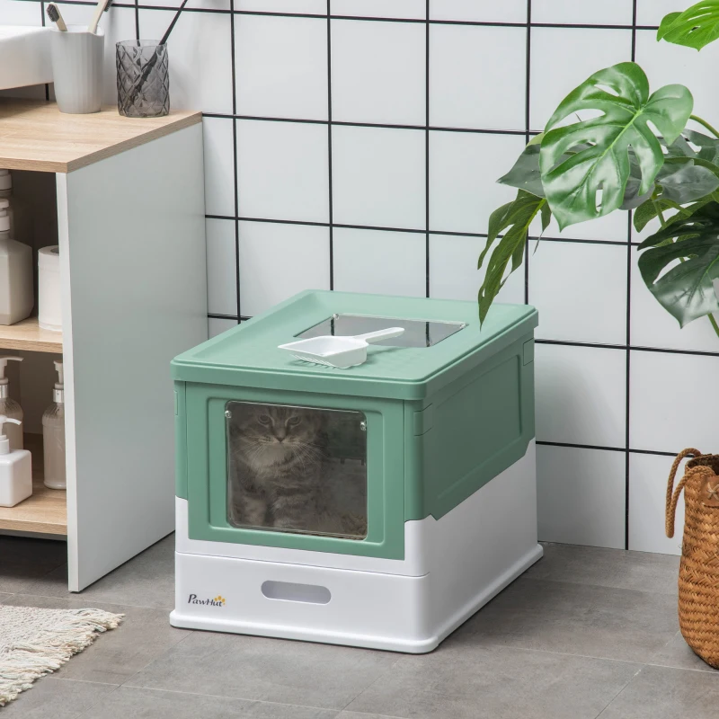 PawHut Maison de toilette pour chat pliable double porte battante et supérieure pelle fourni 47,5 x 35,5 x 36,7 cm vert
