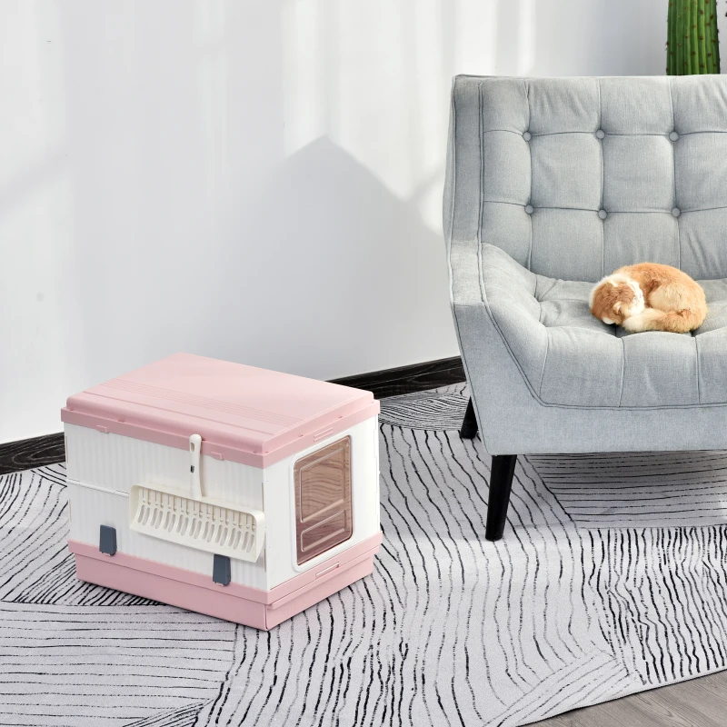 PawHut Caja de Arena para Gatos Plegable Arenero Portátil Aseo Quita Mal Olor con Manija Puerta Orificio de Ventilación Bandeja Material ABS 54x43x42 cm Blanco y Rosa