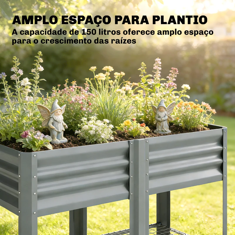 Outsunny Horta  Elevada com Prateleira Inferior, Mesa de Cultivo em Metal Galvanizado com Forro 120x55x80 cm Cinzento Prateado