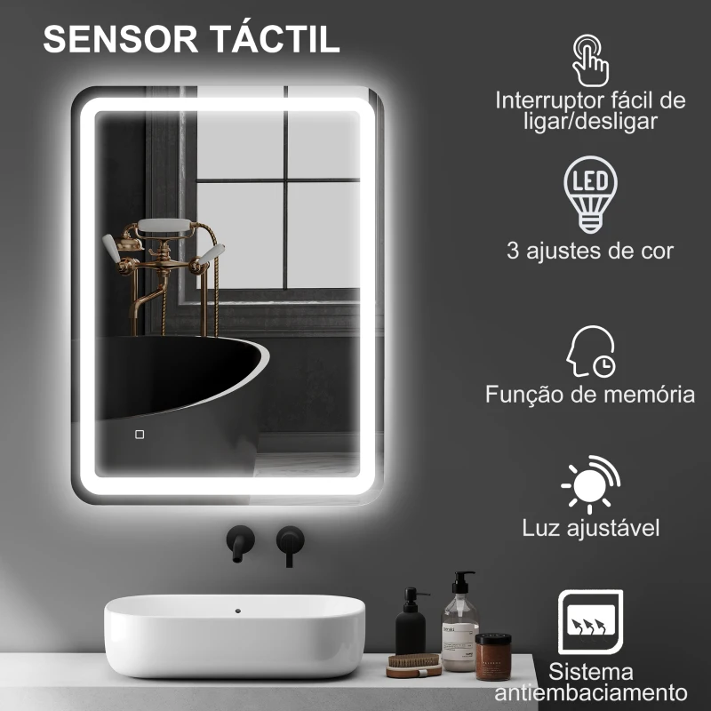 HOMCOM Espelho Casa de Banho com Luzes LED 60x80 cm Função Antiembaciamento 3 Temperaturas de Cor Ajustável e Função de Memória