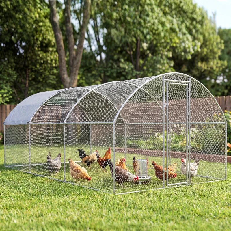 PawHut Galinheiro de Exterior 2,8x5,1x1,9 m Cobertura de Tecido Oxford Anti-UV Impermeável Fechos para 15-24 Galinhas Prateado