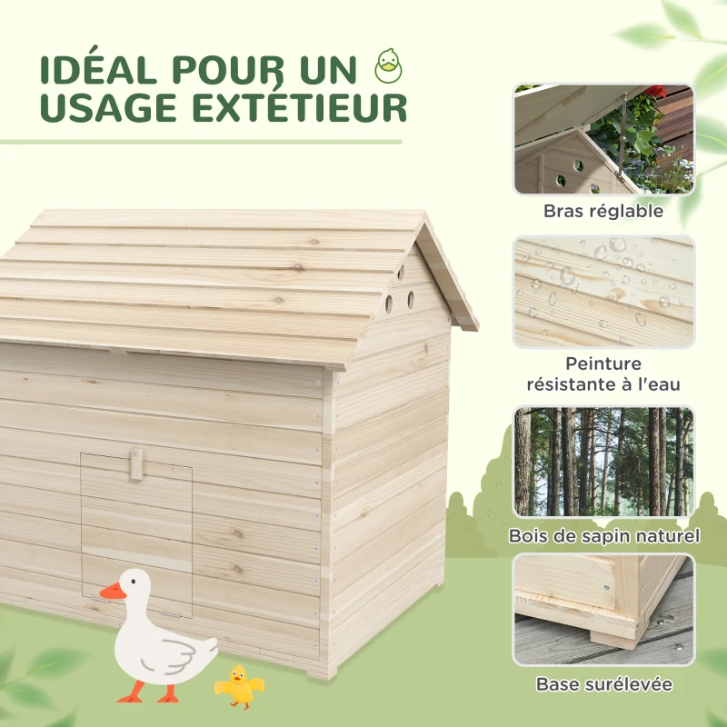 PawHut Abri pour canards maison pour canards avec toit ouvrant ventilation et porte-rampe 100 x 82,5 x 91 cm bois naturel