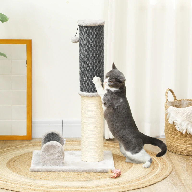 PawHut Arranhador para Gatos com Poste de Sisal Escova de Auto Higiene e Bola Suspensa 40x48x85 cm Cinza e Creme