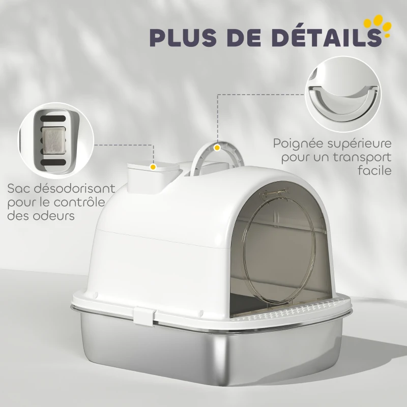 PawHut Maison de toilette pour chat bac à litière fermé bac acier inoxydable, nettoyage facile, 52,4 x 41,3 x 39,9 cm, blanc