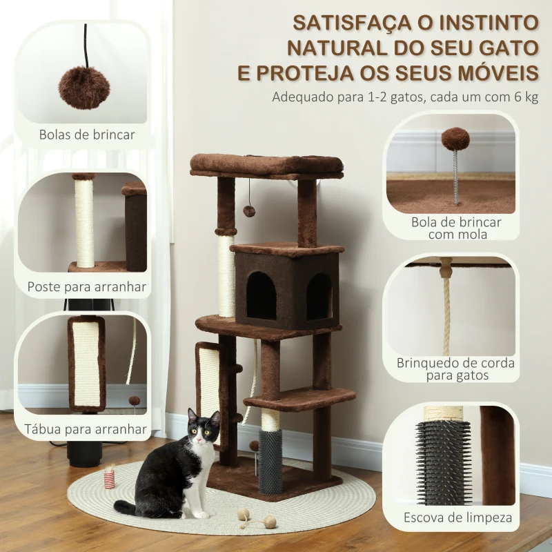 PawHut Arranhador para Gatos Grande Altura 132 cm com Plataformas Postes com Escova Bolas Suspensas e Almofadas para Arranhar Marrom