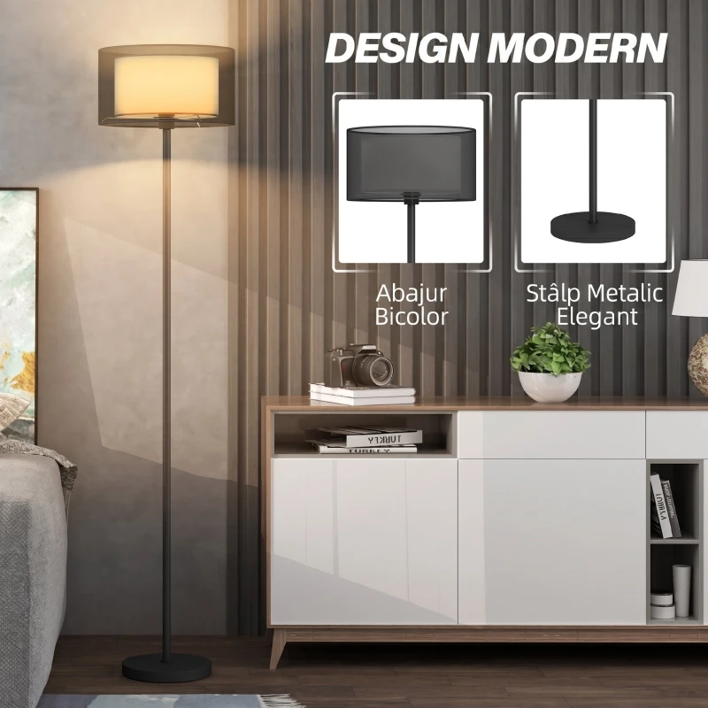HOMCOM Lampadar Modern cu Abajur Dublu și Întrerupător cu Pedală, Ø33 x 152,5 cm, Negru