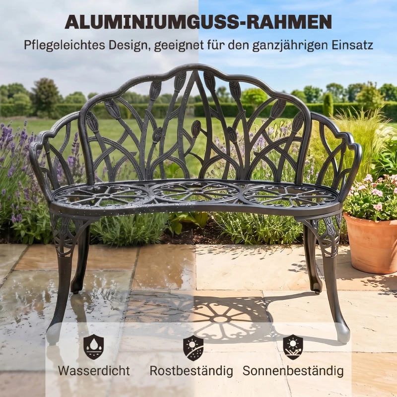 Outsunny Gartenbank 2-Sitzer Gussaluminium wetterfest Outdoor Sitzbank mit Tulpen-Rückenlehne Blumenmotiv 99 x 57 x 78 cm