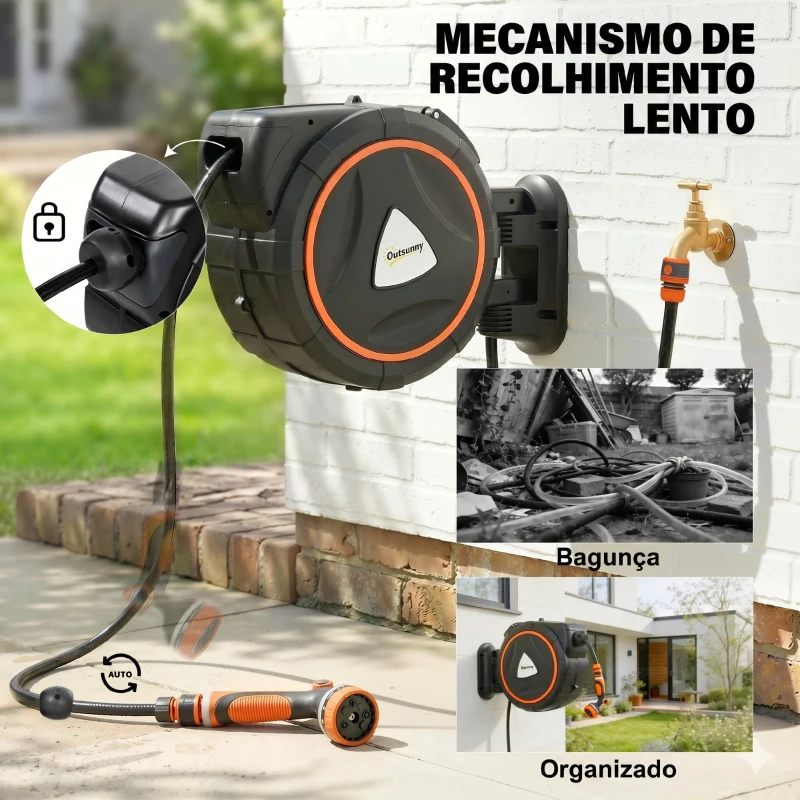 Outsunny Carretel de Mangueira Retrátil 23+2 m com 12 Modos de Pulverização Bloqueio Automático Retração Controlada Suporte Laranja