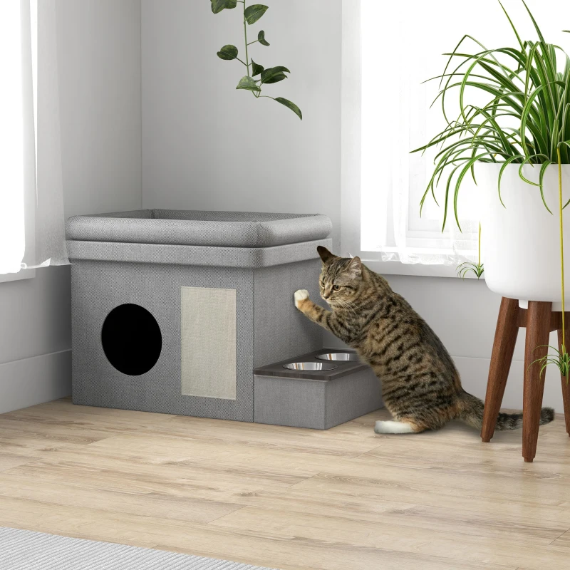 PawHut Katzenhaus, Futterplatz mit 2 Edelstahlnäpfen, Kratzmatte, weiches Liegekissen, 78 x 48 x 49,5 cm, grau