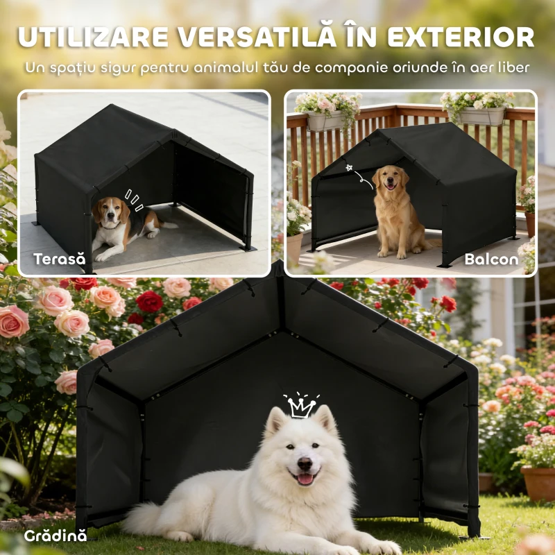 PawHut Cușcă pentru Câini de Exterior din Material Oxford, pentru Câini de Talie Mică, Medie și Mare, Negru