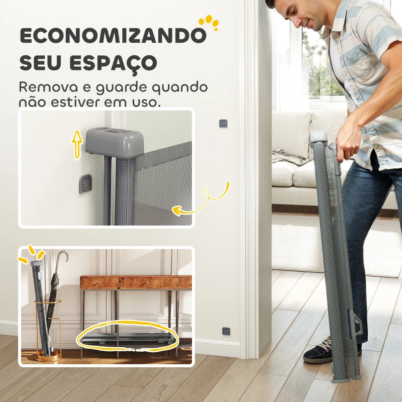 PawHut Barreira de Segurança para Cães Retrátil Extensível até 180 cm de Largura para Escadas e Portas Cinzento