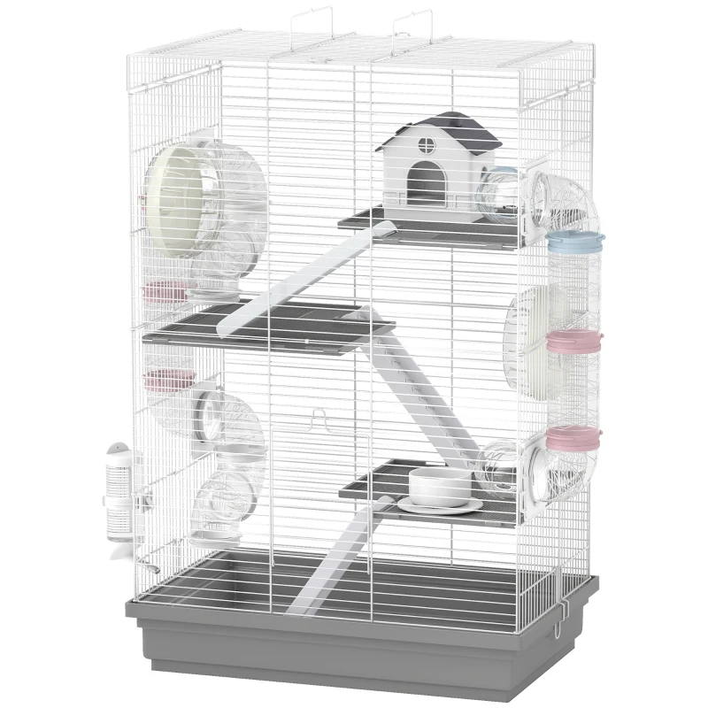 PawHut Gabbia per Criceti a 4 Livelli e 16 Tubi con Casetta, Rampa, e Accessori, in Metallo e Plastica, 47x30x70 cm, Grigio