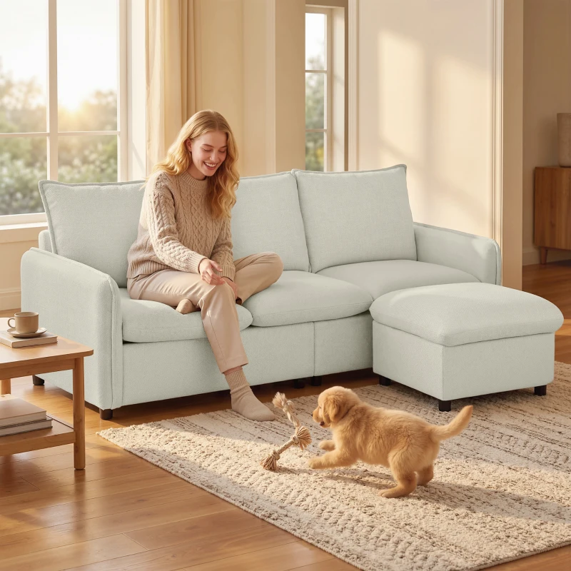 HOMCOM Canapé 3 places avec pouf de rangement, canapé d'angle modulable 212 cm, coussins à ressorts, tissu en lin, crème