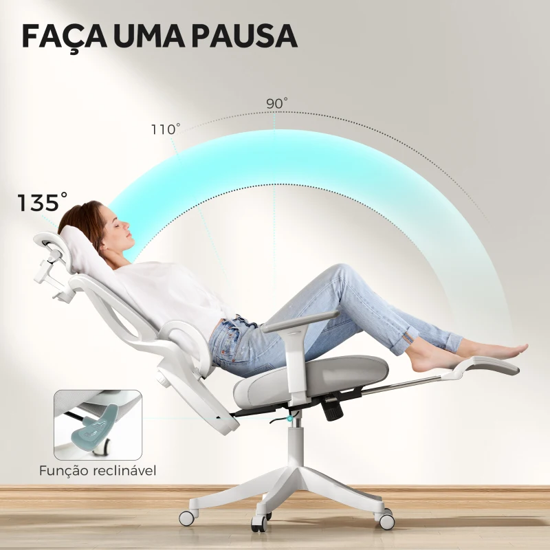 HOMCOM Cadeira de Escritório de Malha Reclinável com Apoio para a Cabeça Ajustável e Altura Regulável  71x70x109-119 cm Cinza