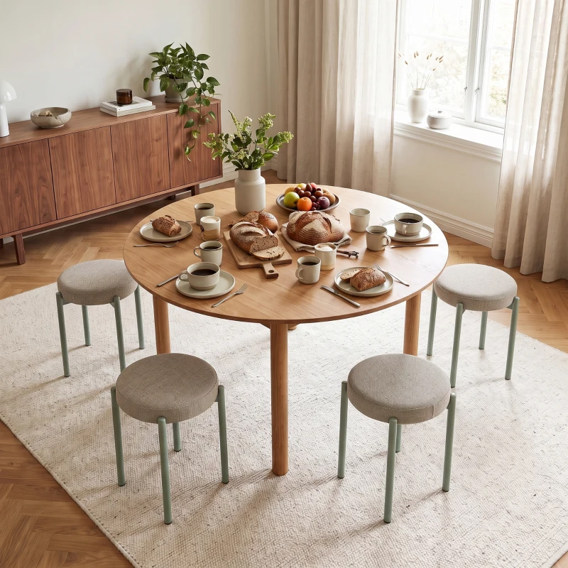 HOMCOM Set de 4 taburete empilabile rotunde cu șezut căptușit, fără spătar, economisitor de spațiu, 45 x 45 x 47,5 cm, Maro deschis