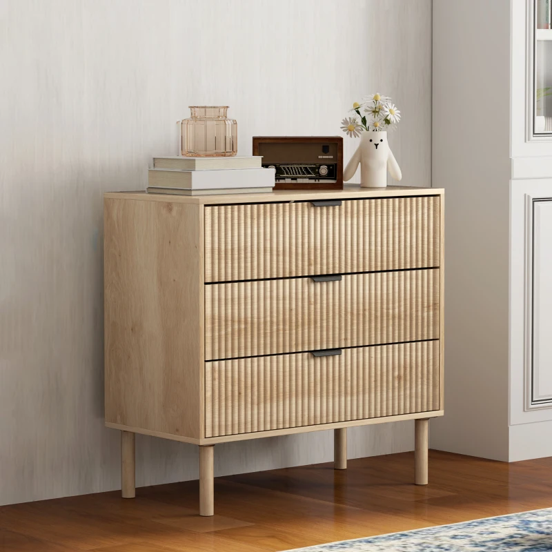 HOMCOM Cómoda com 3 Gavetas Cómoda Dormitório Estilo Nórdico com Painéis Ripados e Puxadores Metálicos 80x40x77,5 cm Madeira