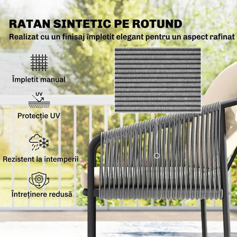 Outsunny Set Grădină Ratan 4 Piese, Canapea 2 Locuri, 2 Fotolii, Măsuță Metal, Cadru Oțel, Bej Gri Deschis