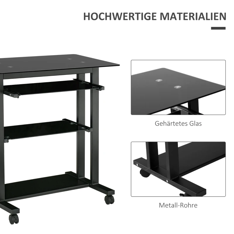 HOMCOM Computertisch Eckschreibtisch Winkelschreibtisch Schreibtisch Bürotisch PC moderner einfacher Stil Hartglas Eisenrohr Schwarz 80 x 51 x 83 cm