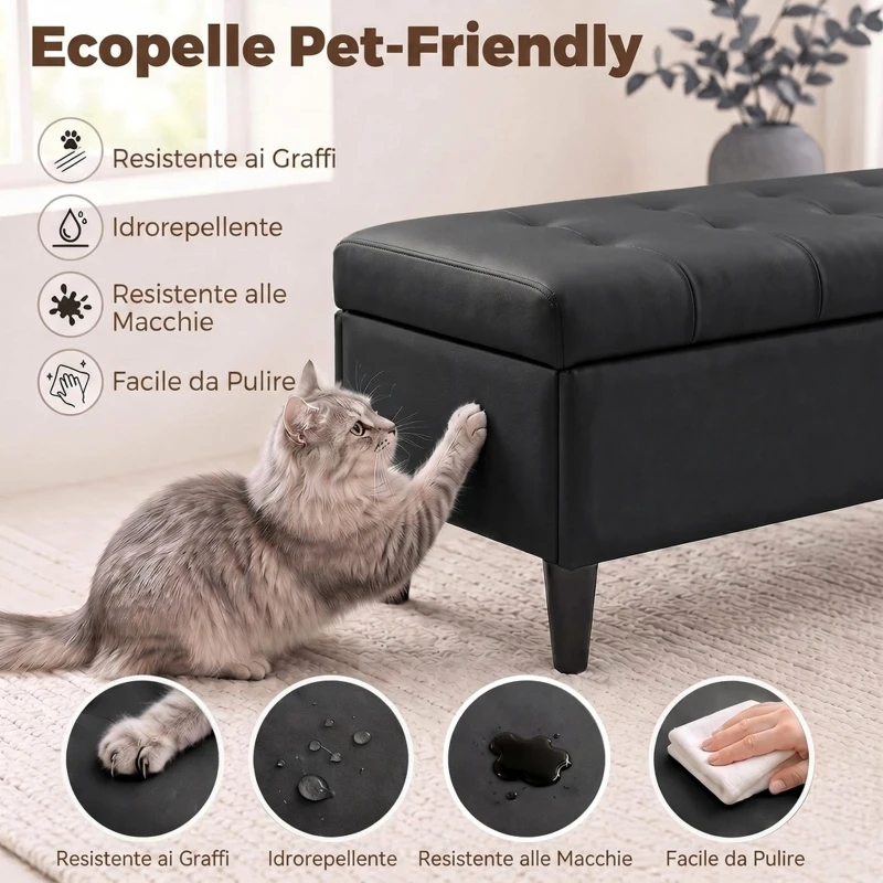 HOMCOM Panca Contenitore Imbottita 136L in Finta Pelle, 110x41x42 cm, Nero