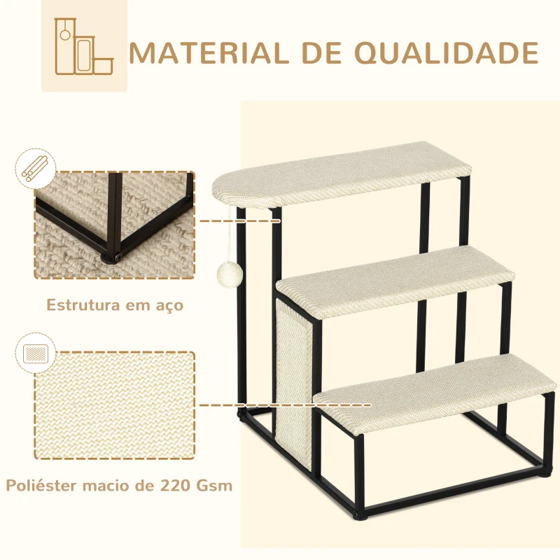 PawHut Escada para Cães com 3 Degraus Bola Suspensa Painel para Arranhar e Estrutura de Aço 47x45x47 cm Creme e Preto