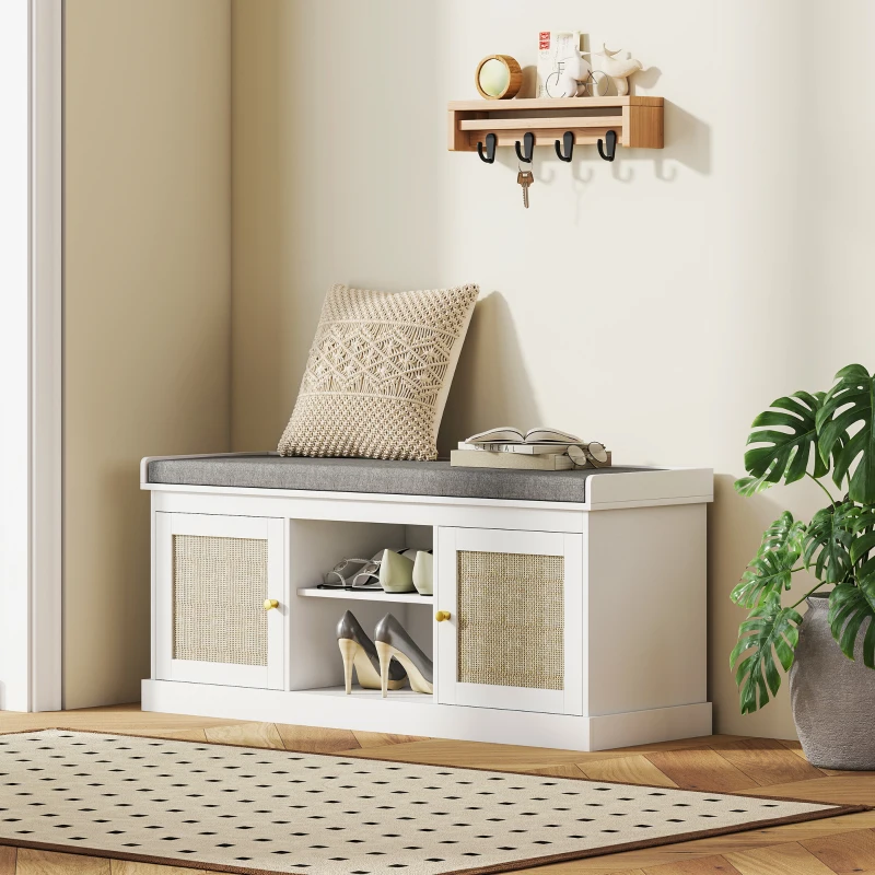 HOMCOM Banco Sapateira com Assento Acolchoado Portas em Vime e Prateleira Aberta para 9 Pares de Sapatos 105x35x47 cm Branco