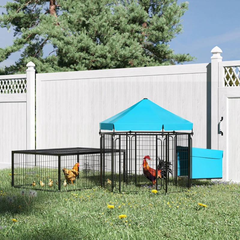 PawHut Galinheiro de Metal para 6-10 Galinhas Galinheiro Resistente para Exterior com Toldo Grade de Arame Ninho Teto Abatível e Portas 201,5x156x120cm Preto e Azul